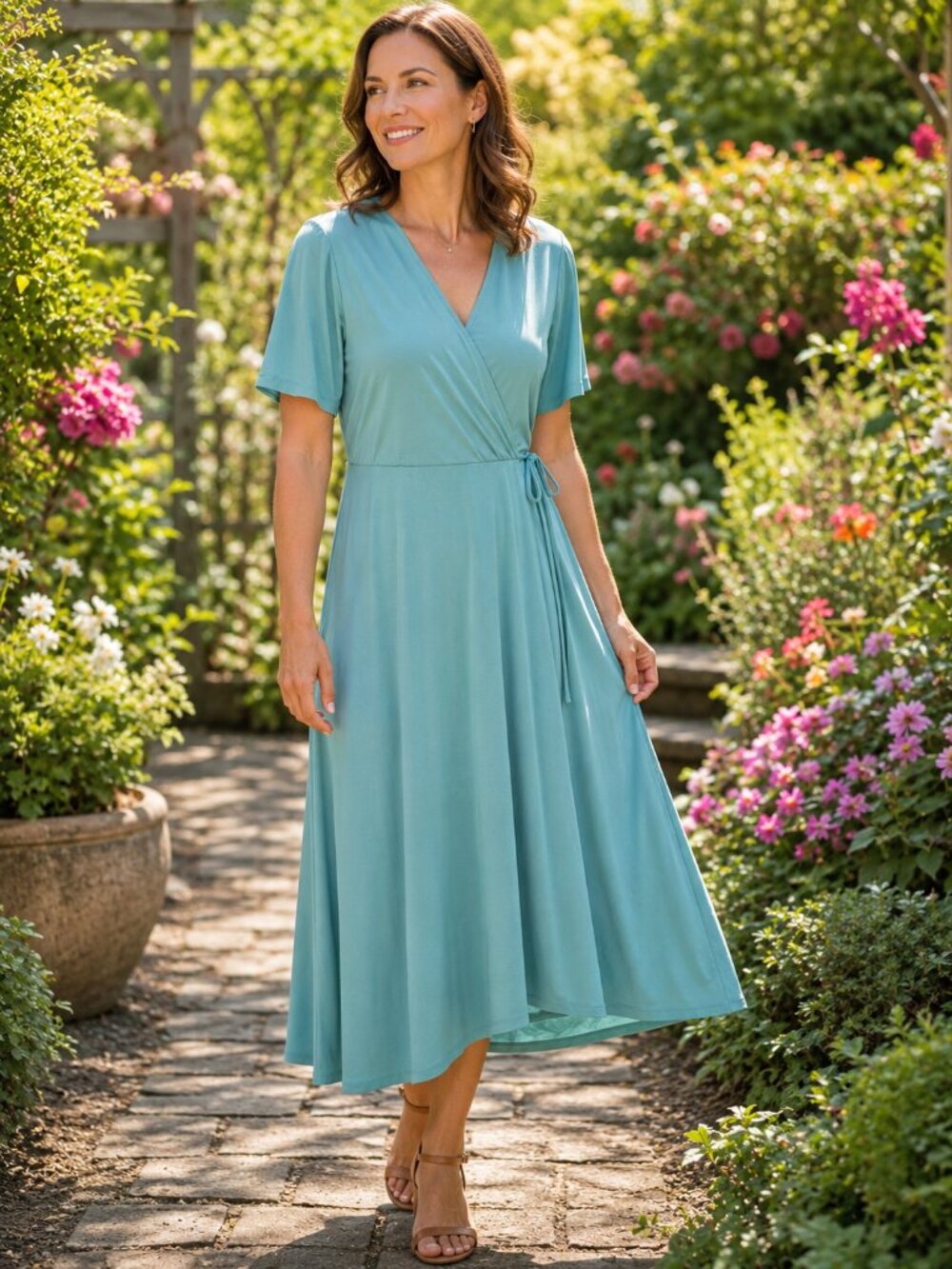 H&M Short Sleeve V-Neck Sea Foam Green Wrap Midi Dress NWOT M